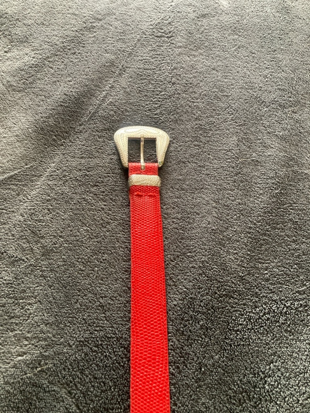 Women's Red Textured Leather Belt with Silver Buckle